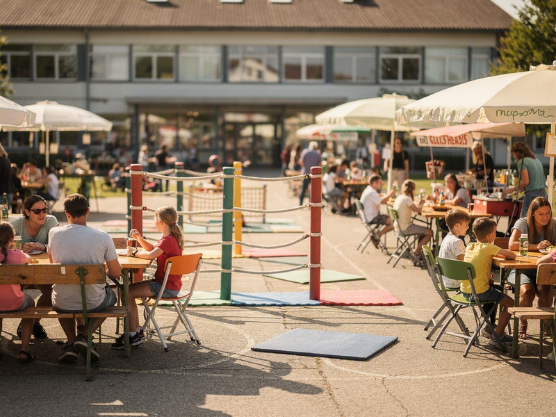 Auf dem Bild sitzen mehrere Menschen an Tischen unter Sonnenschirmen auf einem Freiluftmarkt oder Fest, während im Hintergrund ein größeres Gebäude zu sehen ist.