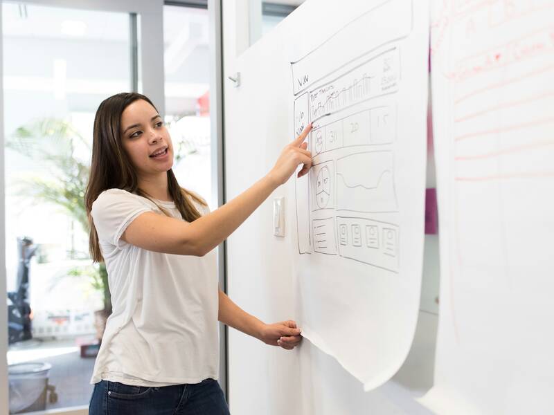 Schülerin zeigt auf einen Plan an der Wand